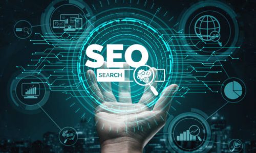 SEO - Search Engine Optimization for Online Marketing Concept. Modern graphic interface showing symbol of keyword research website promotion by optimize customer searching and analyze market strategy.